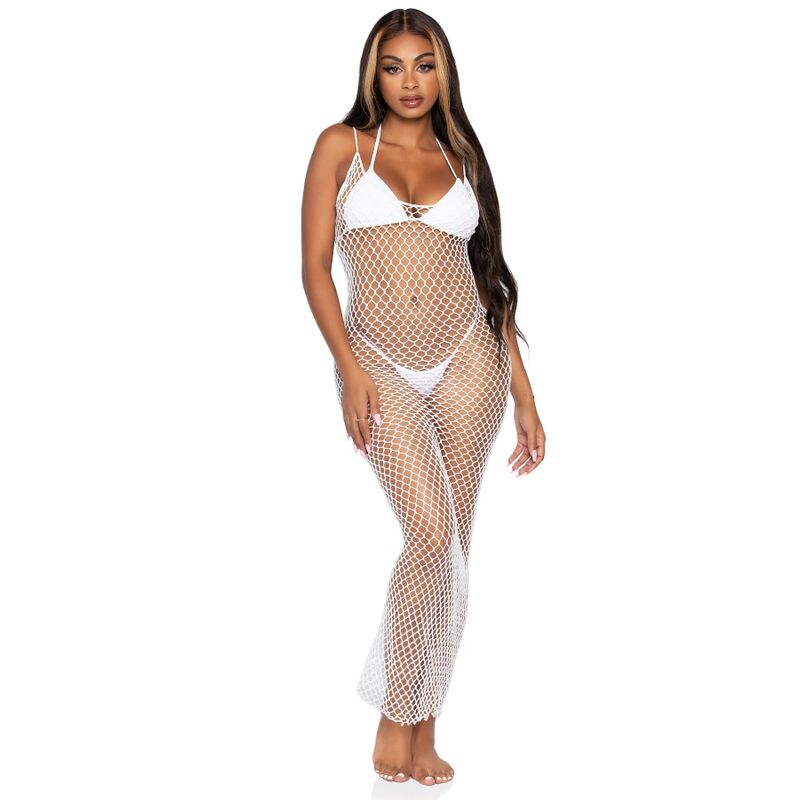 LEG AVENUE - VESTIDO LARGO DE RED TEJIDA TALLA ÚNICA BLANCO
