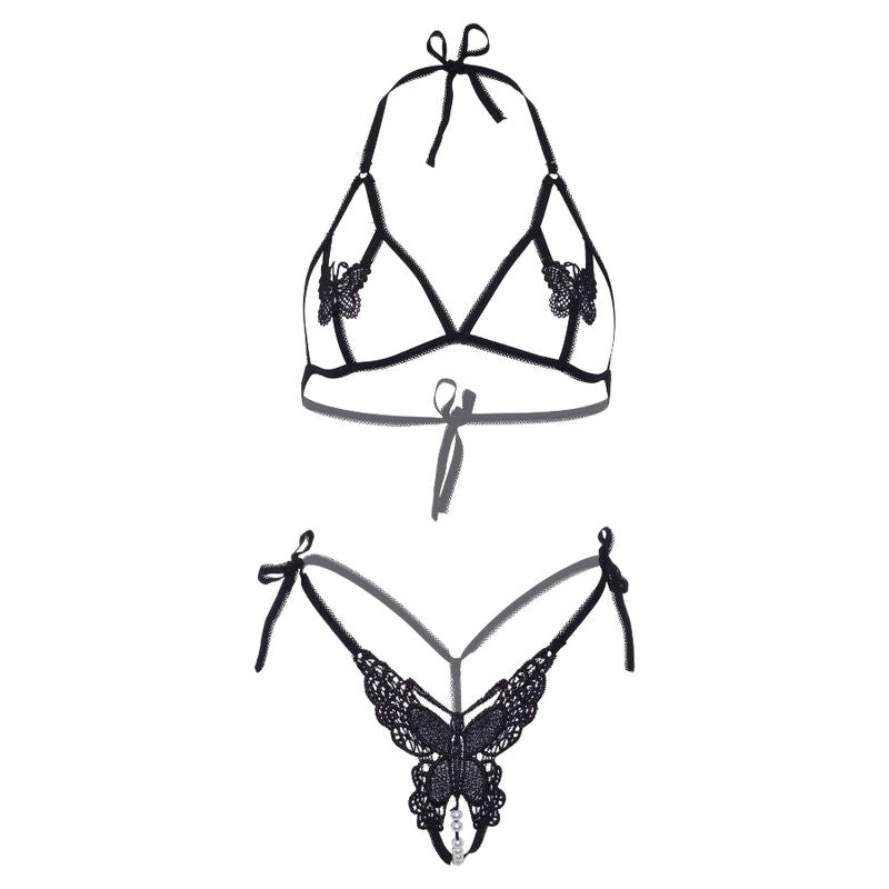 LEG AVENUE - CONJUNTO DE DOS PIEZAS DE SUJETADOR Y BRAGUITA DE MARIPOSAS Y PERLAS TALLA ÚNICA - NEGRO