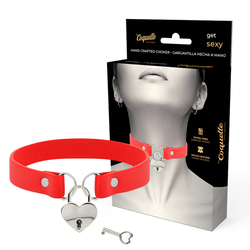 COQUETTE CHIC DESIRE - COLLIER EN CUIR VEGAN ROUGE AVEC ACCESSOIRE COEUR ET CLÉ