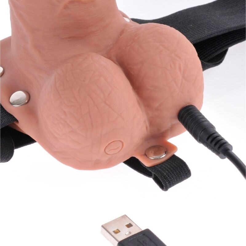 SERIE FETISH FANTASY - ARNÉS AJUSTABLE PENE REALISTA CON BOLAS RECARGABLE Y VIBRADOR 17.8 CM