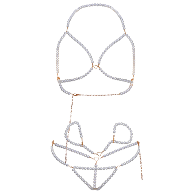 LEG AVENUE - ENSEMBLE SOUTIEN-GORGE, POIGNETS ET STRING À PERLES