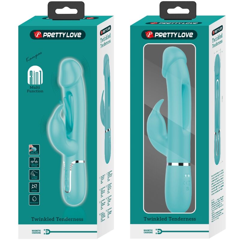 PRETTY LOVE - KAMPAS RABBIT VIBRATEUR MULTIFONCTION 3 EN 1 AVEC LANGUE VERT AQUA