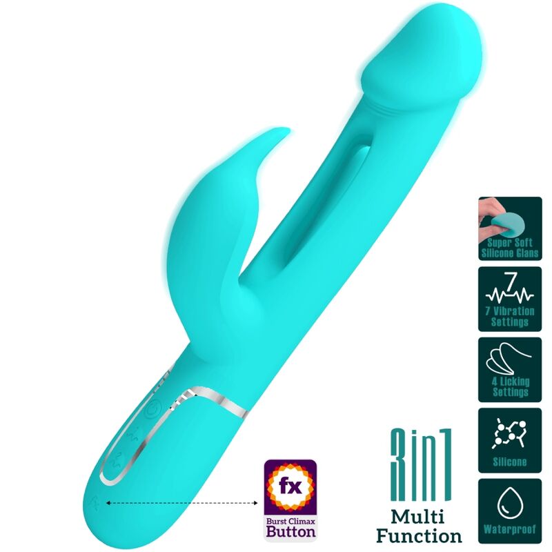 PRETTY LOVE - KAMPAS RABBIT VIBRATEUR MULTIFONCTION 3 EN 1 AVEC LANGUE VERT AQUA