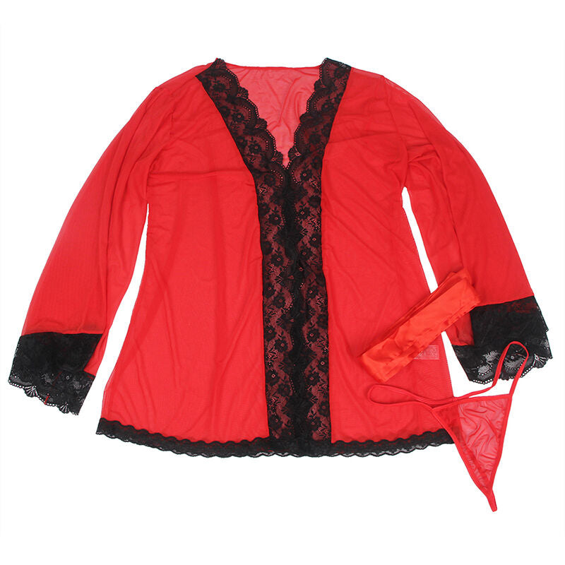 SUBBLIME - BATA DE TELA TRANSPARENTE CON DETALLE DE ENCAJE ROJO L/XL