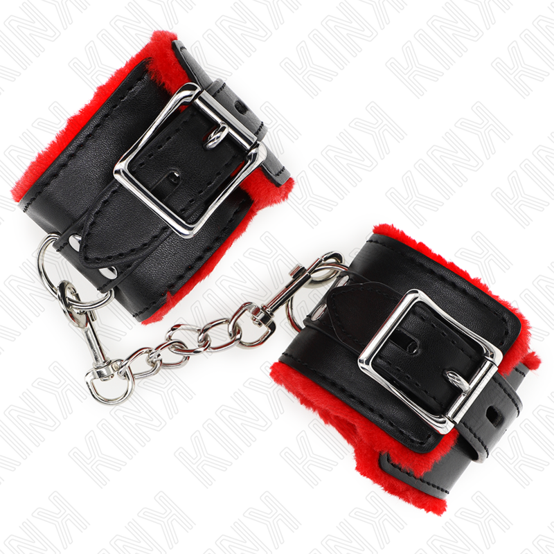 KINK - SUJECIONES DE MUÑECA CON FORRO DE PIEL Y AGUJEROS CUADRADOS CINTURÓN ROJO Y NEGRO AJUSTABLE 17-29 CM X 6 CM
