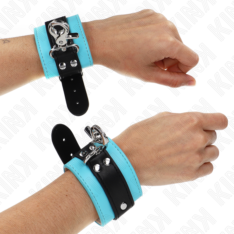 KINK - SUJECIONES DE MUÑECA PREMIUM CON BLOQUEO NEGRO/AZUL AJUSTABLES 21-28 CM X 5.5 CM