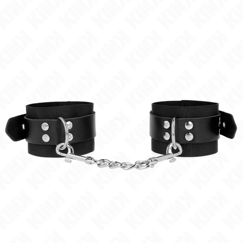 KINK - SUJECIONES DE MUÑECA DE NYLON NEGRAS CON CINTURÓN DE CUERO NEGRO AJUSTABLE 19-29 CM X 5.1 CM