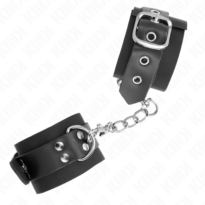KINK - SUJECIONES DE MUÑECA DE NYLON NEGRAS CON CINTURÓN DE CUERO NEGRO AJUSTABLE 19-29 CM X 5.1 CM