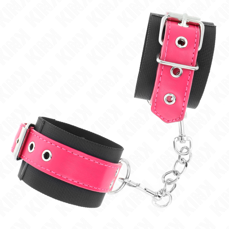 KINK - SUJECIONES DE MUÑECA DE NYLON NEGRAS CON CINTURÓN DE CUERO SINTÉTICO COLOR FRAMBUESA AJUSTABLE 19-29 CM X 5,1 CM