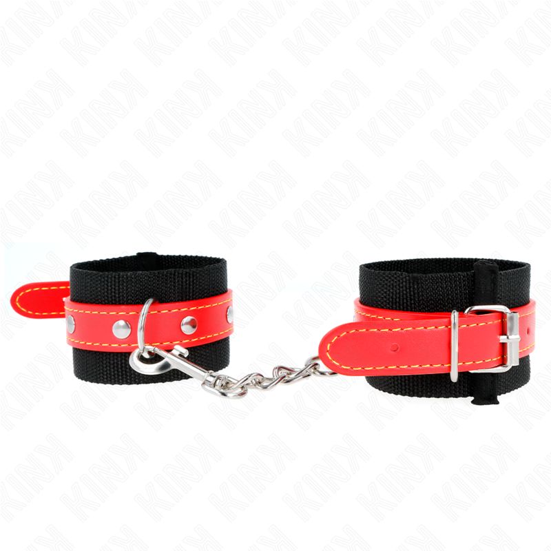 KINK - SUJECIONES DE MUÑECA DE NYLON NEGRAS CON CUERO SINTÉTICO ROJO AJUSTABLES 19-24 CM X 5,5 CM