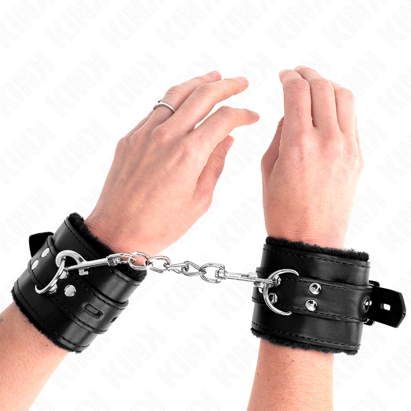 KINK - SUJECIONES DE MUÑECA CON FORRO DE PIEL Y AGUJEROS CUADRADOS NEGROS Y CINTURÓN NEGRO AJUSTABLE 17-29 CM X 6 CM