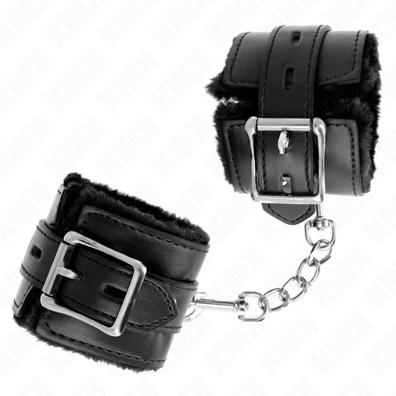 KINK - SUJECIONES DE MUÑECA CON FORRO DE PIEL Y AGUJEROS CUADRADOS NEGROS Y CINTURÓN NEGRO AJUSTABLE 17-29 CM X 6 CM
