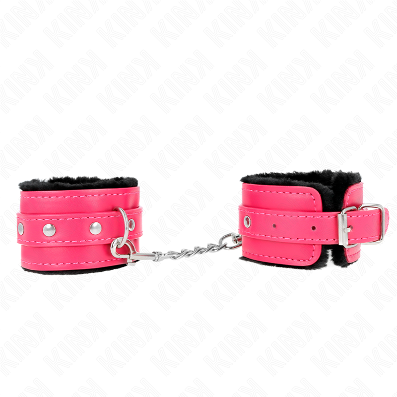 KINK - SUJECIONES DE MUÑECA CON FORRO DE PIEL PREMIUM NEGRO CON CINTURÓN ROSA FRAMBUESA AJUSTABLE 17-29 CM X 6 CM