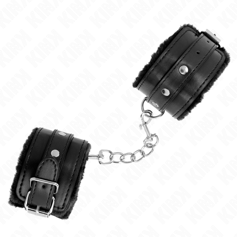 KINK - SUJECIONES DE MUÑECA CON FORRO DE PIEL PREMIUM NEGRO CON CINTURÓN NEGRO AJUSTABLE 17-29 CM X 6 CM