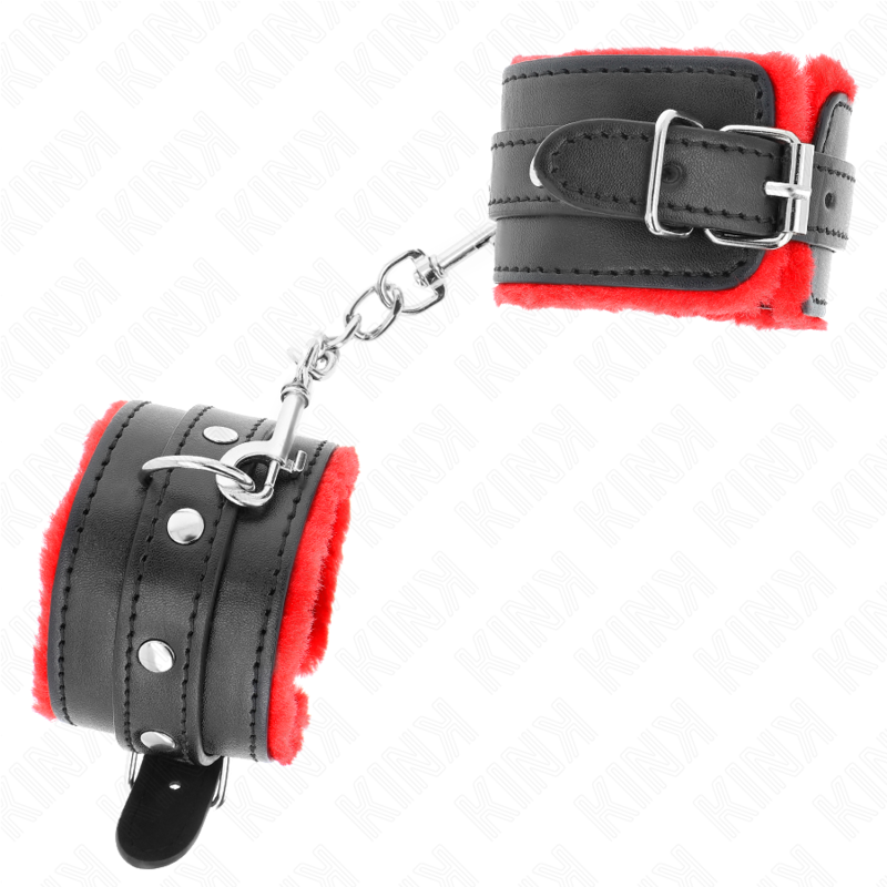 KINK - SUJECIONES DE MUÑECA CON FORRO DE PIEL PREMIUM ROJO CON CINTURÓN NEGRO AJUSTABLE 17-29 CM X 6 CM