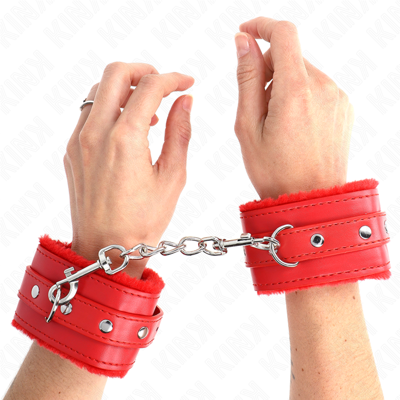 KINK - SUJECIONES DE MUÑECA CON FORRO DE PIEL PREMIUM ROJO CON CINTURÓN ROJO AJUSTABLE 17-29 CM X 6 CM