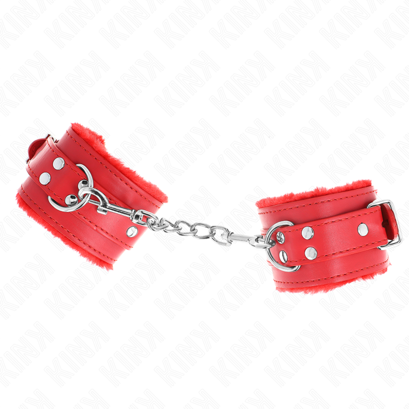 KINK - ATTACHES DE POIGNET DOUBLÉES DE FOURRURE ROUGES AVEC CEINTURE ROUGE RÉGLABLE 17-29 CM X 6 CM