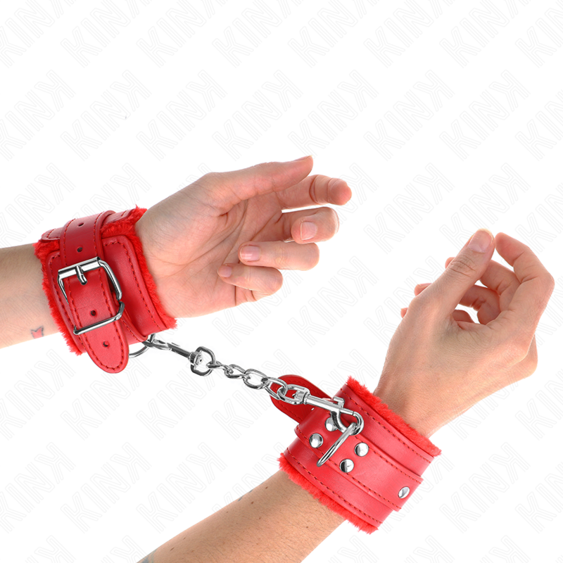 KINK - ATTACHES DE POIGNET DOUBLÉES DE FOURRURE ROUGES AVEC CEINTURE ROUGE RÉGLABLE 17-29 CM X 6 CM