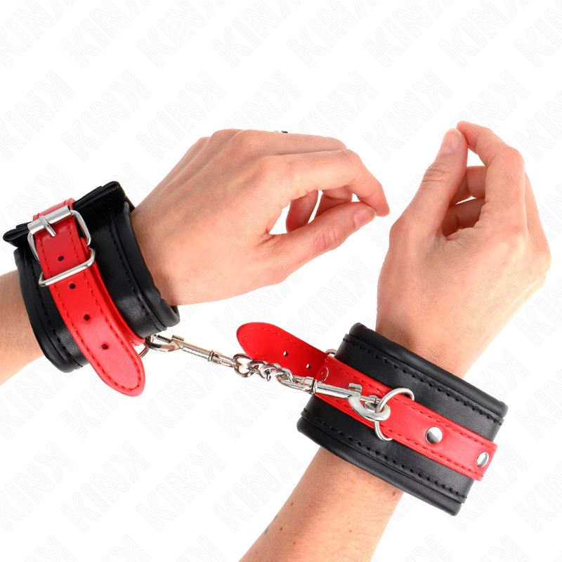 KINK - SUJECIONES DE MUÑECA NEGRAS CON CINTURÓN ROJO AJUSTABLES 17-28 CM X 6 CM