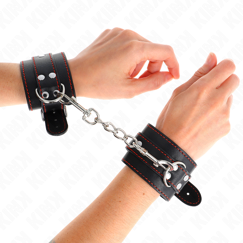 KINK - SUJECIONES DE MUÑECA NEGRAS CON FORRO ROJO AJUSTABLES 20-28 CM X 5.5 CM