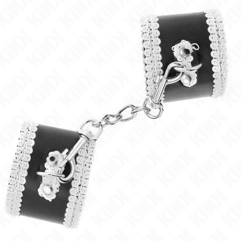 KINK - SUJECIONES DE MUÑECA NEGRAS CON ENCAJE DECORADO BLANCO AJUSTABLE 20-23 CM X 5,5 CM