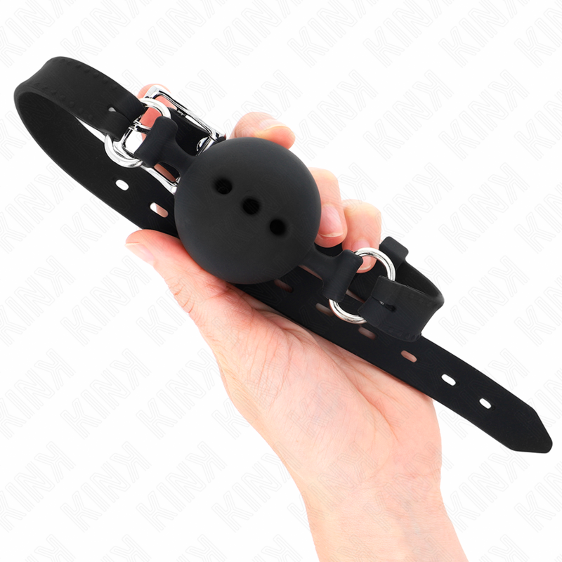 KINK - MORDAZA DE SILICONA COMPLETA 55 x 2 CM CON BOLA DE 4,5 CM TALLA M NEGRO AJUSTABLE 35-51 CM