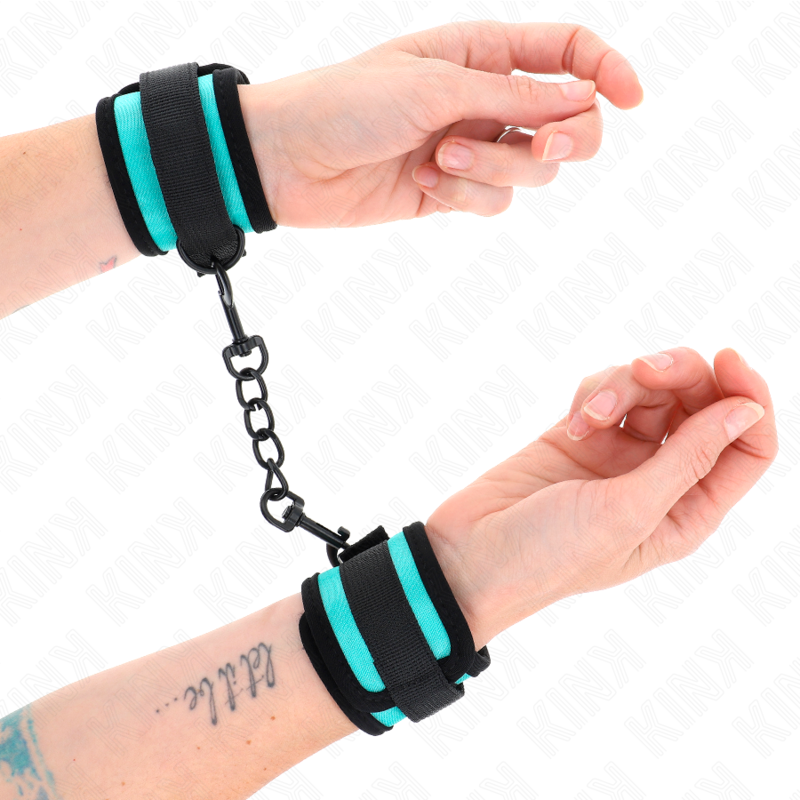 KINK - RESTRICCIONES DE MUÑECA DE NYLON CON GANCHO Y BUCLE, NEGRO-AZUL, AJUSTABLES 18-32 CM X 5 CM