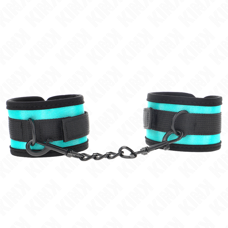 KINK - RESTRICCIONES DE MUÑECA DE NYLON CON GANCHO Y BUCLE, NEGRO-AZUL, AJUSTABLES 18-32 CM X 5 CM
