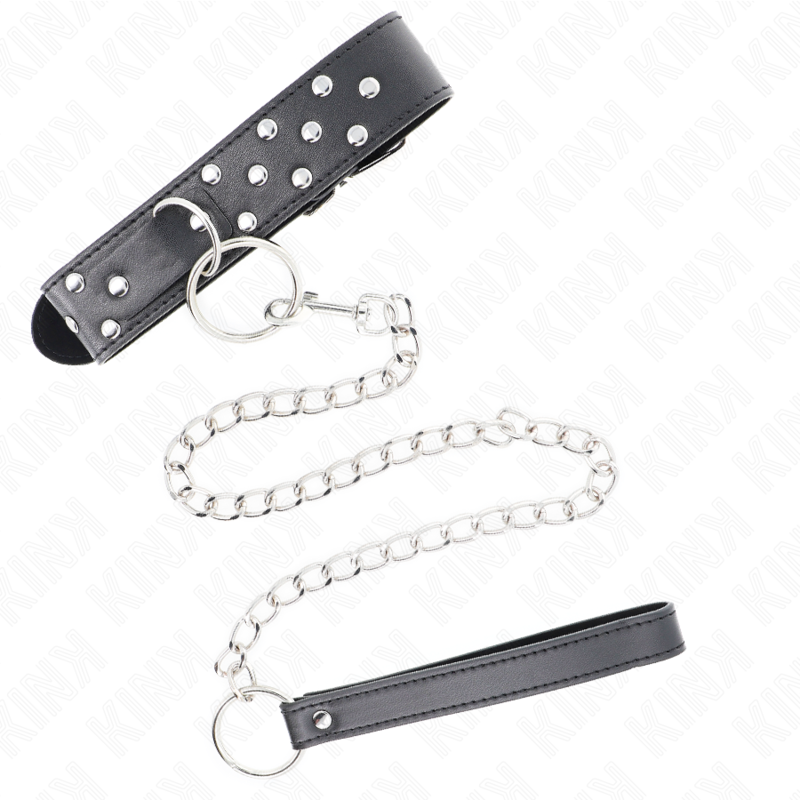 KINK - COLLAR CON CORREA DE REMACHE Y ANILLO CON CINTURÓN 65 CM NEGRO AJUSTABLE 36-50 CM X 3.8 CM
