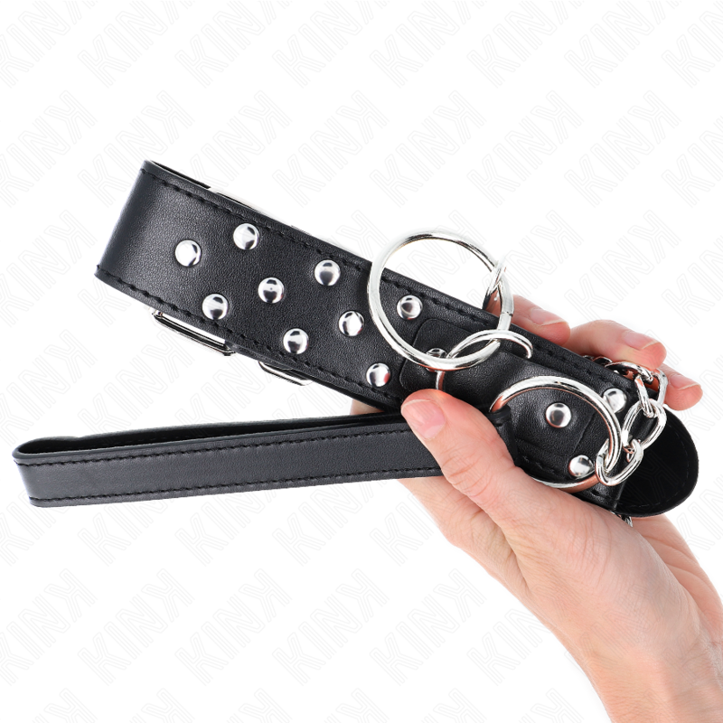 KINK - COLLAR CON CORREA DE REMACHE Y ANILLO CON CINTURÓN 65 CM NEGRO AJUSTABLE 36-50 CM X 3.8 CM