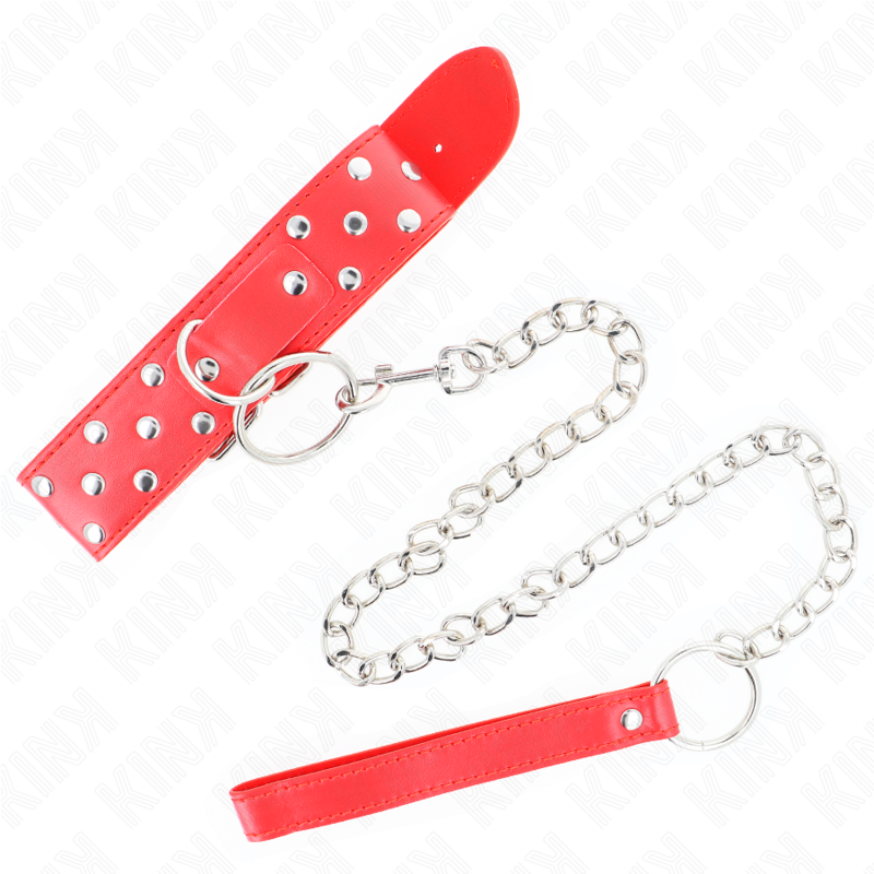 KINK - COLLAR CON CORREA DE REMACHE Y ANILLO CON CINTURÓN 65 CM ROJO AJUSTABLE 36-50 CM X 3.8 CM