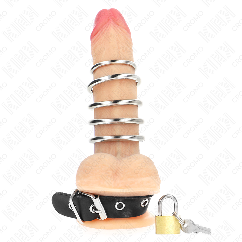 KINK - ANILLO DE CUERO PARA EL PENE CON CIERRE DE CIERRE 21 X 2 CM Y 5 ANILLAS METÁLICAS DE 3 CM A 4 CM