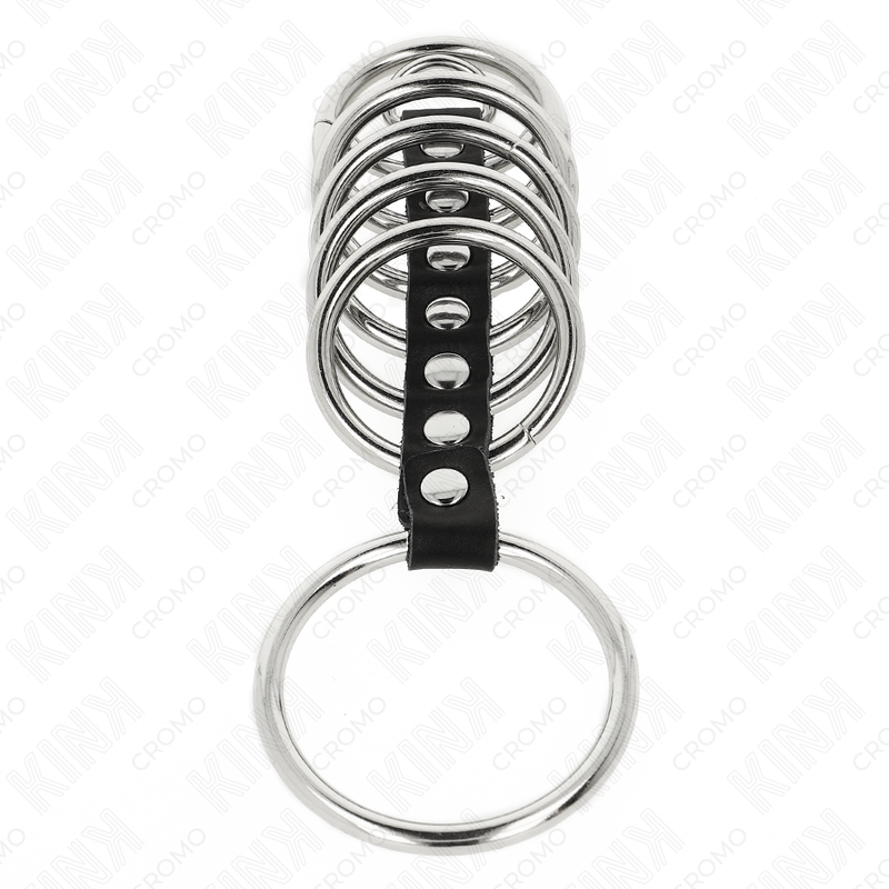 KINK - 7 ANILLOS METÁLICOS PARA EL PENE DE 3,2 CM A 5 CM CONECTADOS CON CUERO