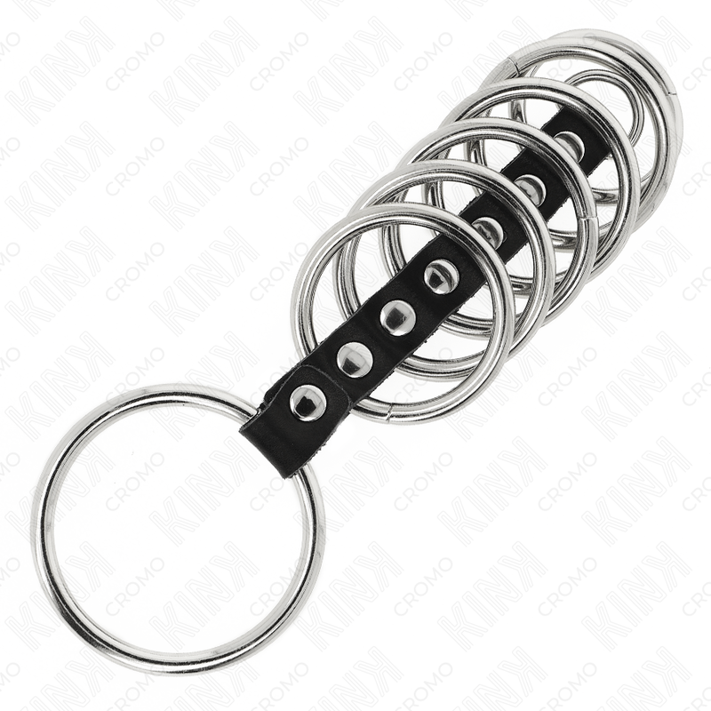 KINK - 7 ANILLOS METÁLICOS PARA EL PENE DE 3,2 CM A 5 CM CONECTADOS CON CUERO