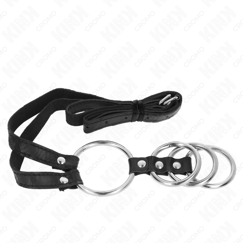 KINK - 4 ANILLOS METÁLICOS PARA EL PENE CONECTADOS DE 3,8 CM A 5 CM CON CINTURÓN DE CUERO 112 CM