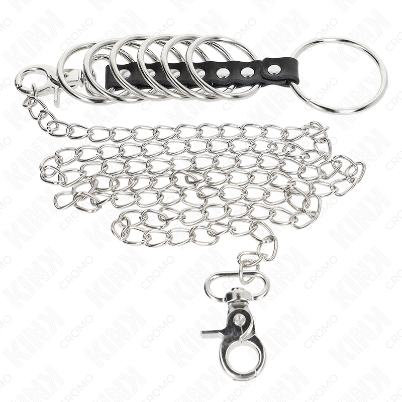 KINK - 7 ANILLOS METÁLICOS PARA EL PENE DE 3,8 CM A 5 CM CONECTADOS CON CUERO Y CADENA METÁLICA DE 100 CM