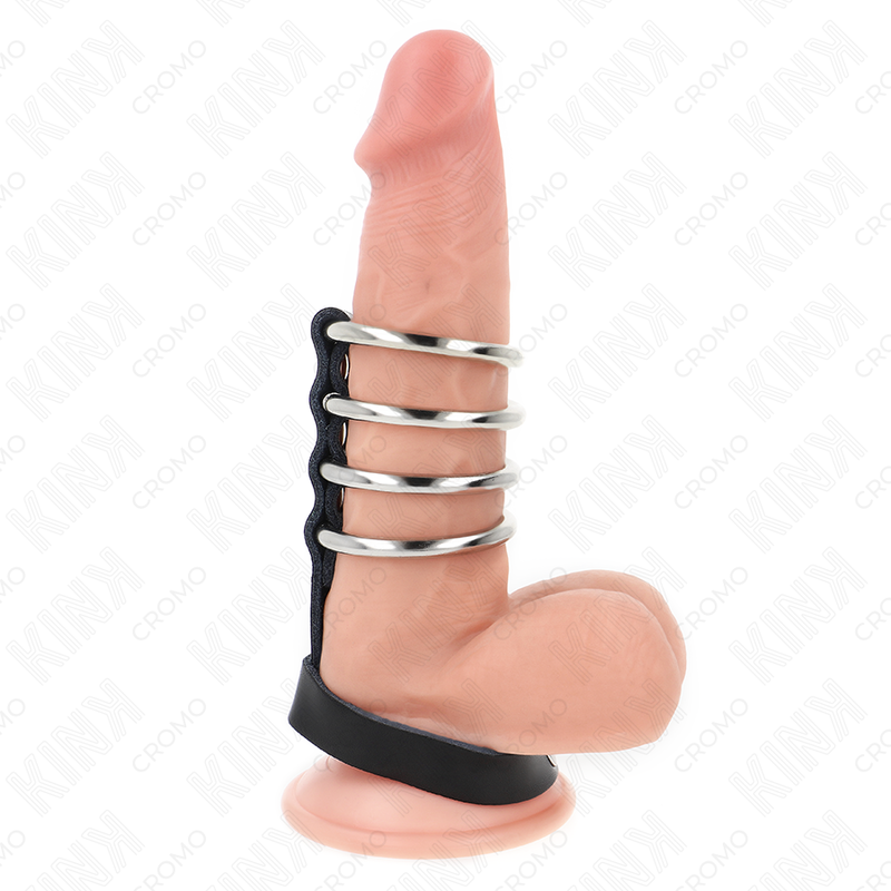 KINK - 4 ANILLOS METÁLICOS PARA EL PENE DE 3,8 CM CONECTADOS CON CORREA DE CUERO DE 22 X 1,5 CM Y CIERRE DE PRESIÓN
