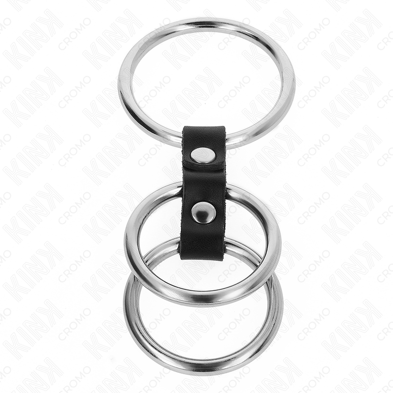 KINK - ANILLO TRIPLE DE METAL PARA EL PENE DE 3,7 CM A 5 CM CONECTADO CON CUERO