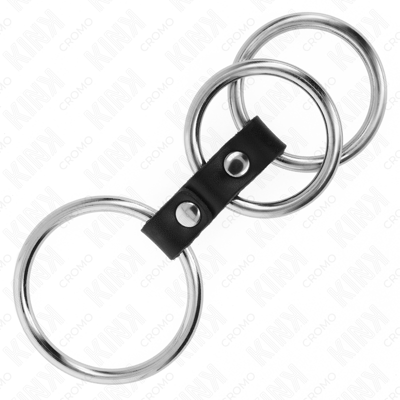 KINK - ANILLO TRIPLE DE METAL PARA EL PENE DE 3,7 CM A 5 CM CONECTADO CON CUERO