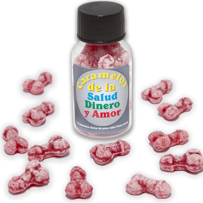 DIABLO PICANTE - 12 CARAMELOS SALUD-DINERO-AMOR FORMA DE PENE FRESA/CEREZA