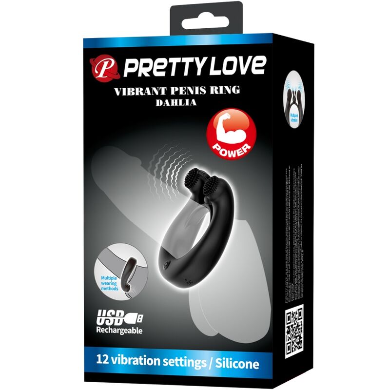 PRETTY LOVE - ANILLO VIBRADOR DAHLIA + ESTIMULADOR DE CLÍTORIS 12 VIBRACIONES NEGRO