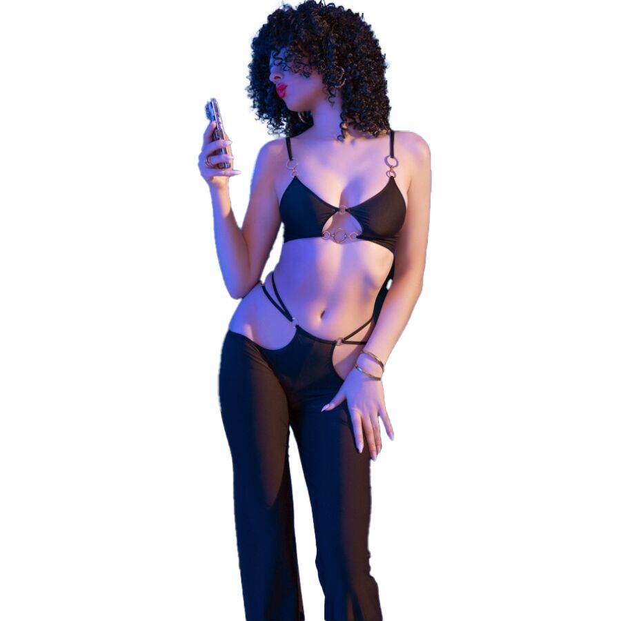 CHILIROSE - CR 4851 CONJUNTO DE TOP Y LEGGINGS NEGROS CON ACCESORIOS DORADOS L