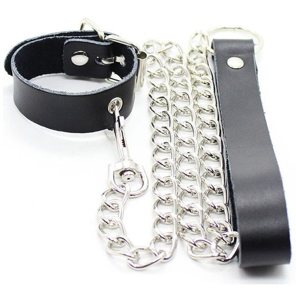 OHMAMA FETISH - COLLIER PÉNIS ET SANGLE EN CUIR AVEC CHAÎNE EN MÉTAL