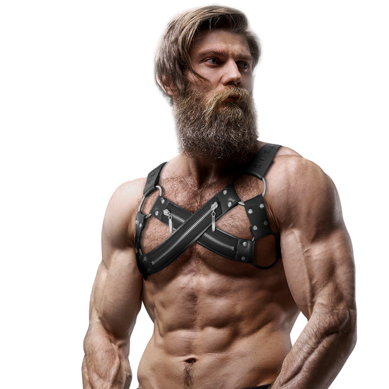 ACTITUD SUMISA FETICHE - ARNÉS BULLDOG CRUZADO DE NEOPRENO AJUSTABLE CON CREMALLERAS PARA HOMBRES