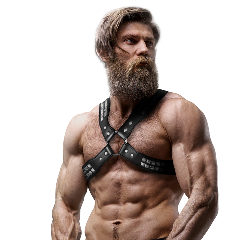 ACTITUD SUMISA FETICHE - ARNÉS DE CUERO ECOLÓGICO CRUZADO CON REMACHES PARA HOMBRE