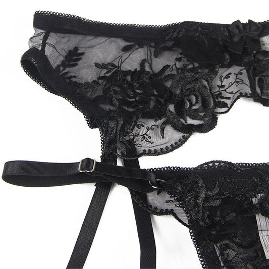 SUBBLIME - SET DE 3 PIEZAS SUJETADOR + TANGA + LIGUERO ESTAMPADO FLORAL NEGRO L/XL