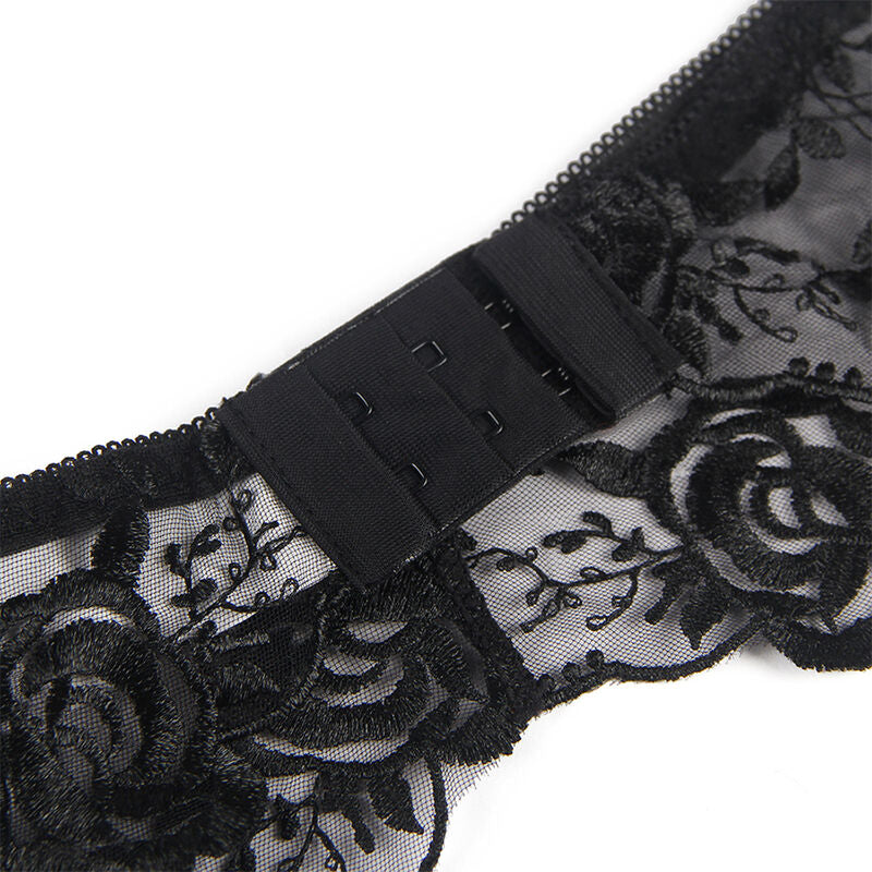 SUBBLIME - ENSEMBLE 3 PIÈCES SOUTIEN-GORGE + STRING + JARRETELLE IMPRIMÉ FLORAL NOIR L/XL