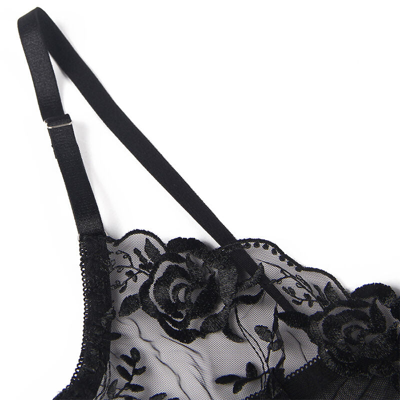 SUBBLIME - ENSEMBLE 3 PIÈCES SOUTIEN-GORGE + STRING + JARRETELLE IMPRIMÉ FLORAL NOIR L/XL