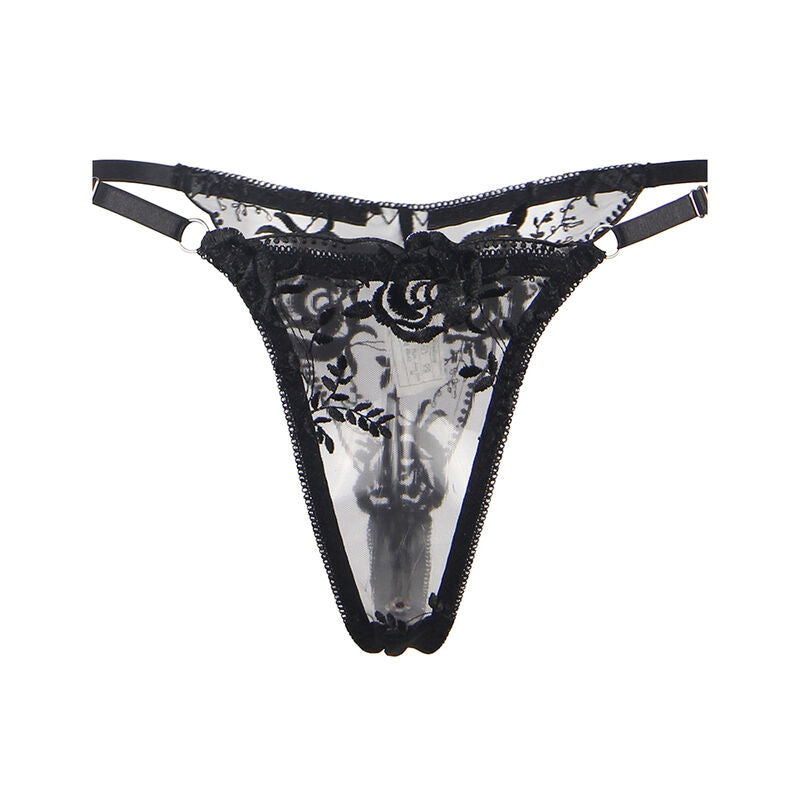 SUBBLIME - ENSEMBLE 3 PIÈCES SOUTIEN-GORGE + STRING + JARRETELLE IMPRIMÉ FLORAL NOIR L/XL