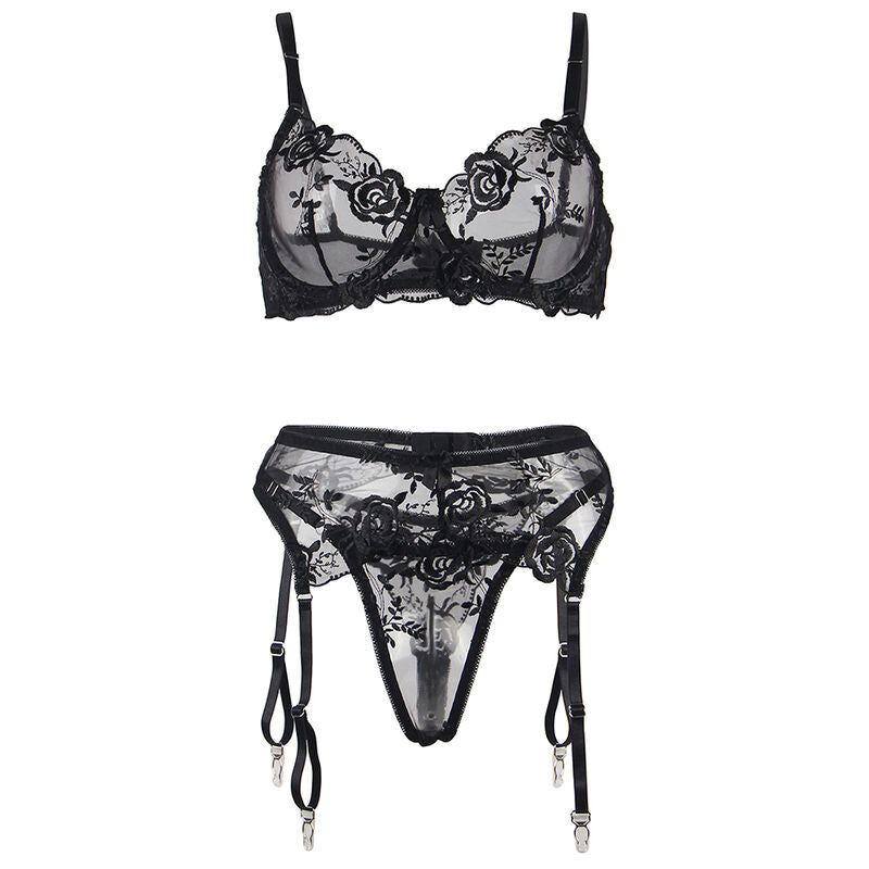 SUBBLIME - ENSEMBLE 3 PIÈCES SOUTIEN-GORGE + STRING + JARRETELLE IMPRIMÉ FLORAL NOIR L/XL